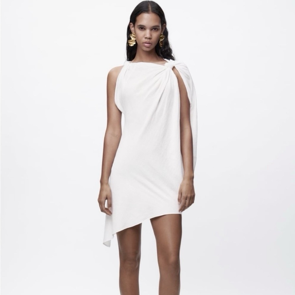 ZARA Women's White Linen Blend Draped Asymmetric Hem/Sides Midi Dress Size XXL